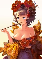 Rule 34 | 1girl, bare shoulders, blush, bow, breasts, brown background, calligraphy brush, checkered bow, checkered clothes, cleavage, collarbone, commentary request, fate/grand order, fate (series), fingernails, gradient background, hair ornament, hand up, holding, holding paintbrush, japanese clothes, katsushika hokusai (fate), kimono, looking away, looking to the side, medium breasts, obi, off shoulder, paintbrush, purple eyes, purple hair, purple kimono, revision, sash, short hair, solo, tongue, tongue out, v-shaped eyebrows, yellow bow, yoka1chi