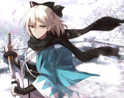 Rule 34 | 1girl, ahoge, black ribbon, black scarf, blonde hair, bow, breasts, fate (series), hair bow, highres, holding, holding sword, holding weapon, japanese clothes, katana, kimono, koha-ace, looking at viewer, okita souji (fate), okita souji (koha-ace), petals, ribbon, scarf, sheath, shigure s, shinsengumi, short hair, snow, snowing, solo, sword, unsheathing, weapon, wind, yellow eyes