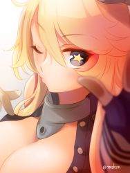 Rule 34 | 10s, 1girl, against glass, blonde hair, blue eyes, blurry, breasts, cleavage, close-up, depth of field, eyebrows, eyelashes, fingerless gloves, flashing, fourth wall, from side, gloves, gradient background, hair between eyes, headgear, iowa (kancolle), kantai collection, large breasts, lips, long hair, looking at viewer, one eye closed, pout, pouty lips, sasano shiki, solo, star-shaped pupils, star (symbol), swept bangs, symbol-shaped pupils, twitter username, unbuttoned, upper body, white background
