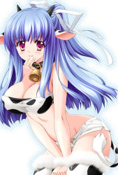 Rule 34 | 1girl, animal ears, animal print, bell, neck bell, blue hair, breasts, cleavage, collar, cow ears, cow girl, cow print, cow tail, covered erect nipples, hair ribbon, hasegawa yukino, horns, large breasts, long hair, mouth hold, new year, open fly, original, red eyes, ribbon, short shorts, shorts, solo, tail, thighhighs, unzipped