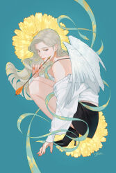 Rule 34 | 1girl, angel, angel wings, arrow (projectile), bare legs, black footwear, black skirt, blue background, blue eyes, earrings, floral background, flower, half-closed eyes, high heels, holding, holding arrow, jacket, jewelry, long hair, long sleeves, looking at viewer, looking to the side, miniskirt, nail polish, off shoulder, orange lips, orange nails, original, signature, single bare shoulder, skirt, solo, squatting, suda ayaka, white hair, white jacket, wings, yellow flower