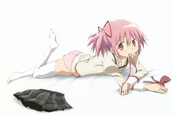 Rule 34 | 1girl, ass, black skirt, blush, commentary request, foot up, hair ornament, hair ribbon, jewelry, kaname madoka, kinfuji, looking at viewer, lying, mahou shoujo madoka magica, mahou shoujo madoka magica (anime), mitakihara school uniform, mouth hold, on stomach, panties, pink eyes, pink hair, revision, ribbon, ribbon in mouth, ring, school uniform, shirt, short twintails, skirt, smile, solo, striped clothes, striped panties, thighhighs, twintails, undershirt, underwear, unworn skirt, white shirt, white thighhighs
