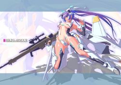 Rule 34 | 1girl, armor, armpits, bikini armor, breasts, elbow gloves, gloves, gluteal fold, gun, highres, long hair, mecha musume, multicolored hair, navel, nenchi, purple hair, revealing clothes, rifle, scope, smile, sniper rifle, solo, tan, tanline, twintails, two-tone hair, very long hair, weapon