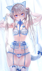 Rule 34 | 1girl, 9a-91 (girls&#039; frontline), absurdres, animal ears, armpits, arms up, bare arms, bare shoulders, blue eyes, blue ribbon, bra, breasts, bunching hair, cat ears, cat girl, cat tail, choker, cowboy shot, frilled choker, frills, garter belt, garter straps, girls&#039; frontline, gluteal fold, hair ornament, halterneck, headdress, highres, kemonomimi mode, lingerie, long hair, looking at viewer, mouth hold, navel, pottsness, ribbon, silver hair, skindentation, small breasts, solo, standing, stomach, tail, thigh gap, thighhighs, thighs, twintails, underwear, underwear only, very long hair, white bra, white thighhighs