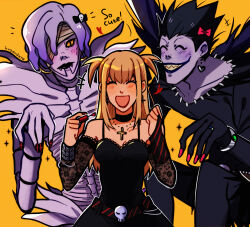 1boy 2girls absurdres amane_misa arm_warmers black_nails blonde_hair bracelet breasts bridal_gauntlets choker cleavage cross cross_necklace death_note dress fangs goth_fashion highres huyandere jewelry lace lace-trimmed_dress lace_arm_warmers lace_trim lipstick makeup multiple_girls nail_art necklace red_nails rem_(death_note) ryuk shinigami short_twintails single_bridal_gauntlet smile twintails