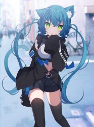 Rule 34 | 1girl, absurdres, animal ears, black jacket, black shorts, black thighhighs, blue hair, blurry, blurry background, breasts, cat ears, cat girl, cat tail, collared shirt, crop top, day, depth of field, frilled shirt, frills, green eyes, highres, huge filesize, jacket, long hair, long sleeves, looking at viewer, medium breasts, midriff, off shoulder, open clothes, open jacket, original, outdoors, parted lips, photo background, sapphire (sapphire25252), shirt, short shorts, shorts, sleeveless, sleeveless shirt, sleeves past fingers, sleeves past wrists, slit pupils, solo, standing, tail, thighhighs, thighs, twintails, very long hair, white shirt