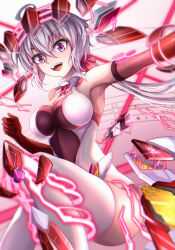 Rule 34 | 1girl, absurdres, bodysuit, breasts, elbow gloves, gloves, grey hair, hair between eyes, henshin, highres, impossible clothes, large breasts, long hair, miying (13975192760), open mouth, purple eyes, senki zesshou symphogear, sidelocks, solo, teeth, thighhighs, twintails, upper teeth only, white thighhighs, yukine chris