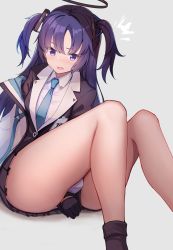 1girl, between legs, black footwear, black gloves, black jacket, black skirt, blue archive, blue neckwear, blush, feet out of frame, gloves, grey background, halo, hand between legs, highres, id card, jacket, knees up, long hair, looking at viewer, miniskirt, necktie, off shoulder, open mouth, purple eyes, purple hair, shirt, shoa tksm, simple background, sitting, skirt, solo, thighs, twintails, white shirt, yuuka (blue archive)
