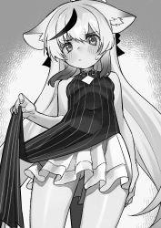 Rule 34 | 1girl, animal ear fluff, animal ears, black dress, black hair, blue archive, blush, breasts, chinese clothes, closed mouth, cowboy shot, dress, frilled skirt, frills, from below, greyscale, highres, kokona (blue archive), looking at viewer, miyamae (miyazen9311), monochrome, multicolored hair, pout, sidelocks, skirt, skirt hold, small breasts, solo, streaked hair, striped clothes, striped dress, sweat, white hair
