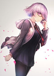 Rule 34 | 1girl, arm at side, black pantyhose, fate/grand order, fate (series), from below, glasses, grey background, hair over one eye, highres, hood, hoodie, looking at viewer, mash kyrielight, necktie, omoti (1201208), pantyhose, purple eyes, purple hair, red necktie, short hair, sketch, smile, solo