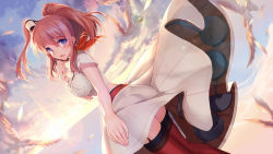 Rule 34 | 10s, 1girl, belt, bison cangshu, blue eyes, breast pocket, breasts, brown hair, dress, dutch angle, evening, from behind, garter straps, hair between eyes, kantai collection, large breasts, long hair, looking at viewer, neckerchief, open mouth, pocket, ponytail, red neckerchief, red thighhighs, saratoga (kancolle), side ponytail, sidelocks, solo, thighhighs, thighs, white dress