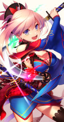 Rule 34 | asymmetrical hair, autumn leaves, black legwear, blue eyes, blue kimono, clothing cutout, detached sleeves, dual wielding, earrings, fate/grand order, fate (series), hair ornament, highres, holding, holding sword, holding weapon, japanese clothes, jewelry, katana, kimono, leaf print, looking at viewer, magatama, maple leaf print, miyamoto musashi (fate), miyamoto musashi (third ascension) (fate), navel cutout, obi, pink hair, ponytail, sash, sheath, sheathed, short kimono, sleeveless, sleeveless kimono, sword, thighhighs, tia (cocorosso), unsheathed, weapon, wide sleeves