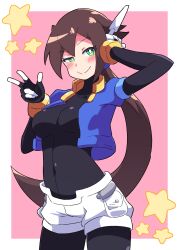 Rule 34 | 1girl, absurdres, aile (mega man zx), black bodysuit, blush, bodysuit, breasts, brown hair, buzzlyears, cropped jacket, female focus, green eyes, heart, highres, jacket, large breasts, long hair, mega man (series), mega man zx, mega man zx advent, navel, open clothes, open jacket, ponytail, robot ears, shorts, tagme