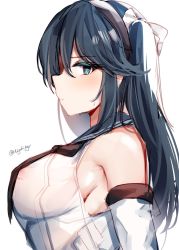 Rule 34 | 1girl, black neckerchief, black sailor collar, blue eyes, blue hair, breasts, commentary request, detached sleeves, highres, isuzu (kancolle), kantai collection, large breasts, long hair, looking at viewer, miyasaka miyabi, neckerchief, one-hour drawing challenge, pleated skirt, profile, sailor collar, school uniform, serafuku, simple background, skirt, solo, twintails, upper body, white background