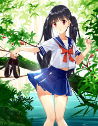 Rule 34 | 1girl, bad id, bad pixiv id, berry, black footwear, black hair, blue skirt, commentary, head tilt, holding, loafers, long hair, looking at viewer, original, pananother, parted lips, plant, pleated skirt, red eyes, school uniform, serafuku, shirt, shoes, short sleeves, skirt, solo, standing, sunlight, twintails, very long hair, water, white shirt