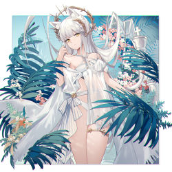 Rule 34 | 1girl, absurdres, animal ears, arknights, bikini, border, cowboy shot, criss-cross halter, eminya 27, flat chest, halterneck, highres, horse ears, laurel crown, leaf, looking at viewer, navel, official alternate costume, outside border, platinum (arknights), platinum (shimmering dew) (arknights), ribbon, sarong, see-through, solo, stomach, swimsuit, thigh strap, thighs, white bikini, white border, white hair, white ribbon, white sarong, yellow eyes