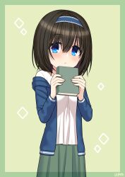 Rule 34 | 1girl, aged down, black hair, blue cardigan, blue eyes, blue hairband, blush, book, cardigan, child, commentary request, flat chest, green background, green skirt, hair between eyes, hairband, hands up, highres, holding, holding book, idolmaster, idolmaster cinderella girls, long sleeves, looking at viewer, open cardigan, open clothes, parted lips, sagisawa fumika, shirt, short hair, skirt, solo, wgm oekaki, white shirt