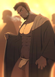 Rule 34 | 1boy, abs, absurdres, bara, bare pectorals, beard, black hair, brown kimono, bulge, closed mouth, facial hair, fundoshi, highres, japanese clothes, kimono, large pectorals, looking at viewer, male focus, muscular, muscular male, navel, nipples, open clothes, open kimono, original, oro9, pectorals, short hair, smile, solo, wet clothes, wet fundoshi, wide sleeves