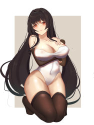 Rule 34 | 1girl, bad id, bad pixiv id, bare shoulders, black gloves, black hair, black thighhighs, breast hold, breasts, closed mouth, collarbone, elbow gloves, fingerless gloves, full body, gloves, gongba laoge, hand on own chest, heart, heart-shaped pupils, highleg, highleg leotard, highres, kneeling, large breasts, leotard, looking at viewer, no shoes, original, outside border, simple background, smile, solo, symbol-shaped pupils, thighhighs, twintails, white background, white leotard, yellow eyes