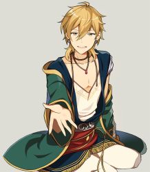 Rule 34 | 10s, 1boy, ahoge, alternate costume, arabian clothes, beckoning, blonde hair, brown eyes, earrings, ensemble stars!, grey background, hakaze kaoru, jewelry, looking at viewer, male focus, necklace, off shoulder, outstretched hand, puchipu, simple background, sitting, smile, solo