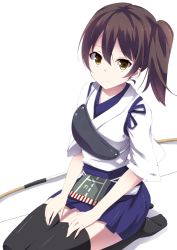 Rule 34 | 10s, 1girl, bad id, bad pixiv id, black thighhighs, blue skirt, bow (weapon), brown eyes, brown hair, hair between eyes, hakama, hakama short skirt, hakama skirt, hands on lap, japanese clothes, kaga (kancolle), kantai collection, kurono yuzuko, looking at viewer, muneate, no shoes, pleated skirt, seiza, side ponytail, simple background, sitting, skirt, solo, tasuki, thighhighs, weapon, white background