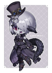 Rule 34 | 1girl, absurdres, ascot, asymmetrical legwear, au ra, belt, checkered thighhighs, chibi, choker, detached sleeves, dragon horns, dragon tail, dress, fang, final fantasy, final fantasy xiv, frilled choker, frilled dress, frilled sleeves, frills, full body, goggles, goggles on headwear, hair over one eye, hat, high heels, highres, hino sasami, horns, looking at viewer, mini hat, multiple belts, nail polish, neck flower, open mouth, purple ascot, purple footwear, red eyes, scales, sleeveless, sleeveless dress, smile, solo, striped clothes, striped thighhighs, tail, thighhighs, warrior of light (ff14)