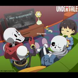 Rule 34 | 3boys, bloodborne, chips (food), couch, eating, flower, flowey (undertale), food, frisk (undertale), game console, highres, kamezaemon, looking at viewer, looking back, multiple boys, one eye closed, papyrus (undertale), playstation 4, playstation controller, potato chips, sans (undertale), sitting, smile, television, undertale, video game