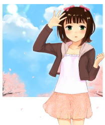 Rule 34 | 1girl, amami haruka, blush, bow, brown hair, cherry blossoms, day, female focus, green eyes, hair bow, hair ribbon, himetsuba, idolmaster, idolmaster (classic), md5 mismatch, nature, open mouth, outdoors, resolution mismatch, ribbon, short hair, skirt, sky, solo, source smaller, tree