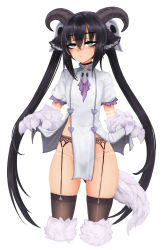 Rule 34 | 1girl, animal ears, animal hands, ascot, baphomet (monster girl encyclopedia), barbariank, black choker, black hair, choker, clothes lift, commentary, cowboy shot, cropped legs, demon girl, dress, dress lift, english commentary, expressionless, eyes visible through hair, fur, garter belt, green eyes, groin, hair between eyes, hair ornament, heart, highres, horns, lifting own clothes, long hair, looking at viewer, monster girl, monster girl encyclopedia, no panties, pelvic curtain, purple ascot, short dress, short sleeves, simple background, skull hair ornament, solo, tail, tan, tanline, thighhighs, twintails, very long hair, white background, white dress, white fur