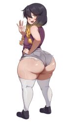Rule 34 | 1girl, ass, ass focus, bare shoulders, black hair, blonde hair, blush, braid, breasts, come hither, from behind, gradient hair, highres, huge ass, long hair, looking at viewer, looking back, multicolored hair, naughty face, open mouth, original, short shorts, shorts, sideboob, small breasts, smile, solo, thick thighs, thighhighs, thighs, triagorodri, twin braids