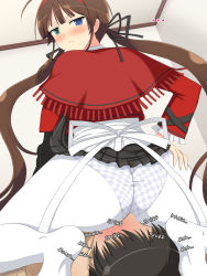 Rule 34 | 1boy, 1girl, ass, ass sniff, blush, brown hair, face in ass, frown, highres, looking back, ryoubi (senran kagura), senran kagura, sitting, sitting on face, sitting on person, smelling, thighs, twintails, yaomai