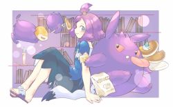 Rule 34 | 1girl, acerola (pokemon), armlet, bag, blush, book, candle, closed mouth, commentary request, creatures (company), dress, eyelashes, fire, game freak, gen 1 pokemon, gengar, grey eyes, highres, lens flare, looking back, nintendo, paper bag, pokemon, pokemon (creature), pokemon sm, purple hair, rate (naze besu latte), sandals, shelf, short sleeves, smile, toes, topknot