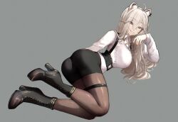 Rule 34 | 1girl, ahoge, animal ear piercing, animal ears, ass, black footwear, black shorts, boots, breasts, chest harness, collared shirt, commentary request, dress shirt, from side, grey background, grey eyes, grey hair, grin, hair between eyes, hair flaps, harness, high heel boots, high heels, highres, hololive, large breasts, light blush, lion ears, lion girl, long hair, long sleeves, looking at viewer, official alternate costume, official alternate hairstyle, pantyhose, platform boots, platform footwear, shirt, shishiro botan, shishiro botan (button-down), shorts, simple background, smile, solo, thigh strap, underbust, virtual youtuber, white shirt, zexalmike
