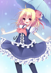 Rule 34 | 1girl, black pantyhose, blonde hair, esureki, fang, frilled skirt, frills, hair ribbon, looking at viewer, open mouth, outstretched arms, pantyhose, puffy short sleeves, puffy sleeves, rain, red eyes, ribbon, rumia, shirt, short sleeves, skirt, skirt set, smile, solo, touhou, umbrella, vest
