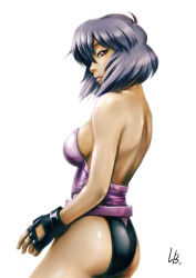 Rule 34 | 00s, 1girl, ass, back, backless leotard, blue hair, breasts, female focus, fingerless gloves, ghost in the shell, ghost in the shell stand alone complex, gloves, kusanagi motoko, lb, leotard, red eyes, short hair, sideboob, signature, simple background, solo