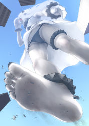 Rule 34 | 1girl, abyssal ship, barefoot, black panties, building, city, colored skin, dress, ebizome, feet, from below, giant, giantess, horns, kantai collection, long hair, northern ocean princess, panties, pantyshot, red eyes, side-tie panties, sky, sleeveless, sleeveless dress, soles, solo, standing, toes, underwear, upskirt, white dress, white hair, white skin