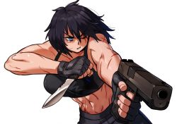 Rule 34 | 1girl, abs, black hair, black pants, blue eyes, breasts, commentary, crop top, english commentary, floating hair, gun, handgun, holding, holding gun, holding knife, holding weapon, knife, large breasts, muscular, muscular female, one eye closed, original, pants, parted lips, pistol, scar, scar across eye, scar on arm, scar on face, short hair, snowcie, solo, upper body, weapon, white background