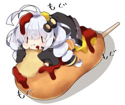 Rule 34 | 1girl, :t, antenna hair, black footwear, black jacket, blush, chibi, closed mouth, commentary request, corn dog, eating, food, food on face, food on hair, food on head, full body, hair ornament, headphones, headset, jacket, ketchup, kizuna akari, long sleeves, milkpanda, mini person, minigirl, mustard, object on head, orange legwear, pantyhose, puffy long sleeves, puffy sleeves, shadow, shoes, sleeves past wrists, solo, star (symbol), striped clothes, striped legwear, striped pantyhose, tongue, tongue out, translation request, vertical-striped clothes, vertical-striped legwear, vertical-striped pantyhose, voiceroid, wavy mouth, white background