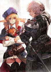 Rule 34 | 1boy, 1girl, armor, belt, blush, book, boots, braid, crossed arms, earrings, elf, flower, hair ribbon, jewelry, looking at another, original, pauldrons, pointy ears, purple eyes, ribbon, rose, short hair, shoulder armor, silver hair, sword, thigh boots, thighhighs, twin braids, weapon, yaoya musuko, zettai ryouiki