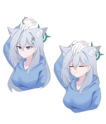 Rule 34 | 1girl, 1other, = =, anger vein, animal ears, aqua eyes, blue archive, blue hoodie, cropped torso, disembodied limb, extra ears, grey hair, guided headpat, hand on another&#039;s head, highres, holding hands, hood, hoodie, limb, looking ahead, mismatched pupils, multiple views, shiroko (blue archive), shiroko terror (blue archive), simple background, skyrain315, upper body, white background, wolf ears