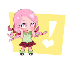 Rule 34 | !, 1girl, blush, braid, chibi, embarrassed, flower, hair bobbles, hair ornament, hands on own face, heart, hirose yasuho, jojo no kimyou na bouken, jojolion, long hair, loose socks, moyori, open mouth, pink eyes, pink hair, rose, shoes, simple background, skirt, sneakers, socks, solo, standing, yellow background
