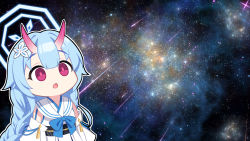Rule 34 | 1girl, ajifurai, blue archive, blue hair, chise (blue archive), commentary request, detached sleeves, empty eyes, hair ornament, halo, highres, horns, japanese clothes, long hair, meme, oni horns, open mouth, sky, solo, space, space cat (meme), star (sky), starry sky