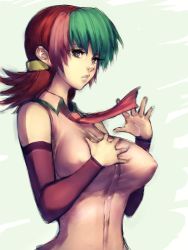 Rule 34 | 1990s (style), 1girl, betterman, blues, breasts, covered erect nipples, detached sleeves, dyed bangs, fumio (rsqkr), green hair, huge breasts, large breasts, multicolored hair, necktie, pink hair, red hair, retro artstyle, sai hinoki, solo, two-tone hair
