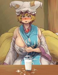 Rule 34 | 1girl, adapted costume, animal hat, blonde hair, breast milk, breasts, brown eyes, chanta (ayatakaoisii), cleavage, cup, detached sleeves, dress, drinking glass, fox tail, hat, huge breasts, indoors, lactation, lactation through clothes, looking at viewer, milk, mob cap, multiple tails, open mouth, room, seiza, short hair, sitting, socks, solo, stained clothes, strapless, strapless dress, sweatdrop, tabard, table, tail, thick thighs, thighs, touhou, white dress, white socks, wide sleeves, yakumo ran