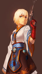Rule 34 | 00s, 1girl, blonde hair, dungeon and fighter, female focus, female gunner (dungeon and fighter), gun, gunner (dungeon and fighter), korean clothes, maedeup, short hair, solo, standing, weapon