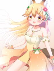 Rule 34 | 1girl, :d, animal ear fluff, animal ears, bare shoulders, blonde hair, blush, breasts, brown background, cleavage, collarbone, commentary request, dress, ezo red fox (kemono friends), floating hair, flower, fox ears, fox girl, fox tail, gradient background, gradient dress, gradient hair, green flower, green rose, grey background, hair between eyes, hair flower, hair ornament, highres, kemono friends, long hair, looking at viewer, medium breasts, multicolored hair, open mouth, orange eyes, red flower, red rose, rose, shin01571, skirt hold, smile, solo, strapless, strapless dress, tail, very long hair, white dress, white hair, wrist cuffs, yellow dress