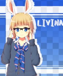 Rule 34 | 1girl, animal ears, bad id, bad pixiv id, blonde hair, blue eyes, blush, checkered background, elin, glasses, highres, looking at viewer, negishio, short hair, smile, solo, tera online