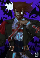 Rule 34 | 1boy, adjusting clothes, adjusting necktie, bat (animal), beard, black jacket, brown hair, cape, capelet, cross, dated, facial hair, fang, galadysp, glint, guilty gear, guilty gear xrd, highres, jacket, long hair, looking at viewer, male focus, monocle, moon, mustache, necktie, night, obi, obijime, red cape, red capelet, red necktie, sash, shirt, sideburns, signature, slayer (guilty gear), smile, upper body, vampire, white shirt