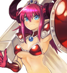Rule 34 | &gt;:s, 10s, 1girl, :s, alternate breast size, armpits, bikini, bikini top only, blue eyes, blush, breasts, cape, closed mouth, commentary, detached collar, elbow gloves, elizabeth bathory (brave) (fate), elizabeth bathory (fate), fang, fang out, fate/extra, fate/extra ccc, fate (series), gem, gloves, hair between eyes, highres, holding, holding shield, horns, huge weapon, jewelry, long hair, looking at viewer, loose bikini, medium breasts, pink gloves, pink hair, red bikini, shield, sidelocks, signature, simple background, sketch, solo, sookmo, swimsuit, sword, tiara, upper body, v-shaped eyebrows, weapon, white background, white cape