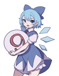 Rule 34 | 1girl, absurdres, bloomers, blue dress, blue eyes, blue hair, bow, circled 9, cirno, collared shirt, dress, fairy wings, hair bow, highres, ice, ice wings, kame (kamepan44231), one-hour drawing challenge, puffy short sleeves, puffy sleeves, red neckwear, shirt, short dress, short hair, short sleeves, simple background, touhou, underwear, white background, wings